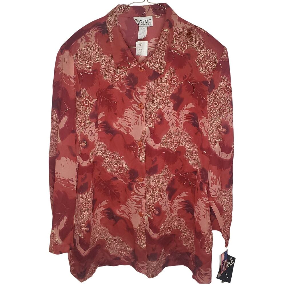 Vintage 90s Kari's Korner Floral Sheer Button Shirt Plus 24W NWT Deadstock USA